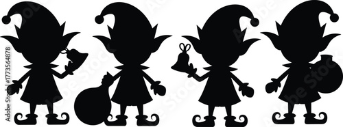 Christmas elf silhouette, festive costume, holiday character, bell ringer, gift sack, ribbon bell, jar holder, seasonal design, whimsical art, celebration