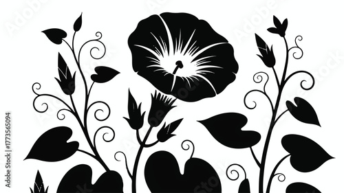 A black and white silhouette illustration of morning glory flowers and leaves.  
