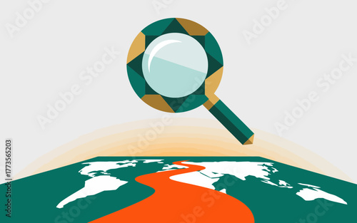 Magnifying glass hovering over a stylized world map with an orange path leading across continents symbolizing exploration and discovery