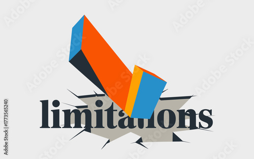 Abstract 3d geometric shape breaking through a cracked surface with the word limitations symbolizing overcoming challenges