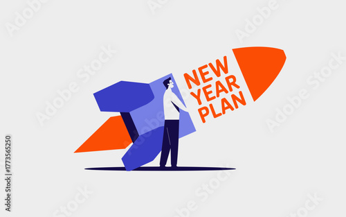 Businessperson standing inside a rocket ship with the words new year plan written on it symbolizing a fresh start and ambitious goals
