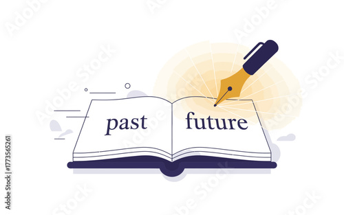 Open book with the words past and future written on its pages a pen drawing a line connecting them