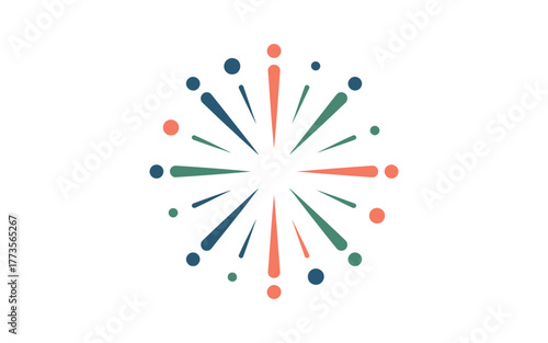 Abstract radial burst of colorful lines and dots emanating from a central point on a white background