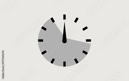Minimalist clock face with a single hand pointing to a specific time on a gray background representing time and measurement