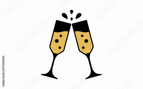 Two elegant champagne flutes clinking together in a celebratory toast with sparkling bubbles and splashes of golden liquid