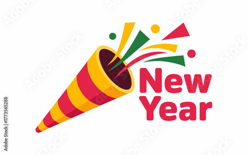 Brightly colored party popper exploding with festive confetti and streamers announcing new year celebrations