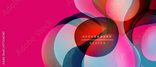 Abstract vibrant design. Overlapping circles create dynamic composition. Pink, blue, red hues dominate visual space. Modern aesthetic.