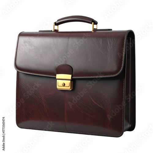Dark brown leather briefcase with gold-tone lock and handle.