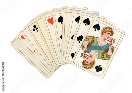 A hand of vintage playing cards isolated on a white background.