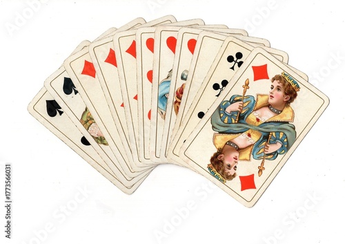 A hand of vintage playing cards isolated on a white background.