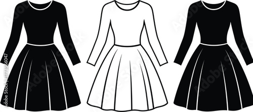 Three dresses in black and white with long sleeves and a full skirt