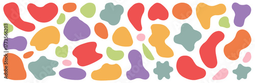 Colorful abstract shapes in playful pattern, featuring red, orange, green, purple, and pink blobs on transparency background