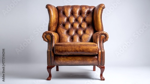 Cozy leather armchair with tufted details offers classic elegance. The perfect accent piece for a den or living room, promising comfort and timeless style.