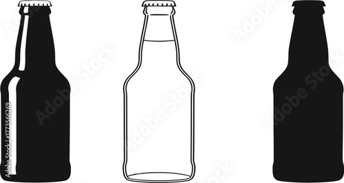 Three beer bottles in black and white on a plain white background
