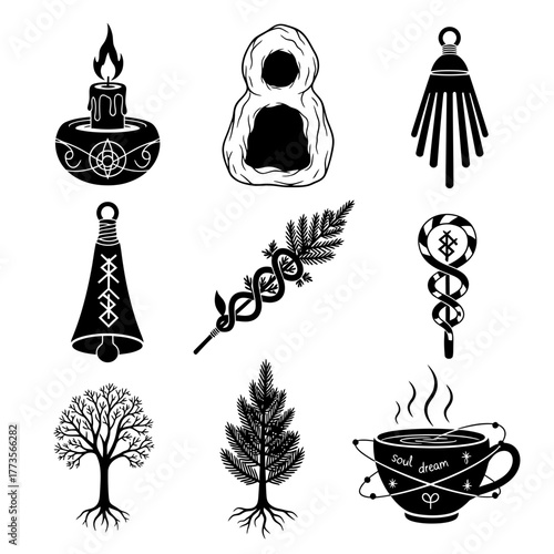 "Occult and Ritual Symbol Collection with Candles, Herbs, Flames, and Mystical Objects"

