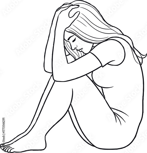 Line art of a woman sitting with her head in her hands in distress