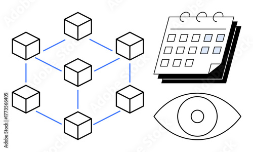 Connected cubes symbolize blockchain structure, calendar implies time management, eye reflects transparency. Ideal for blockchain, decentralized system, transparency, scheduling, planning