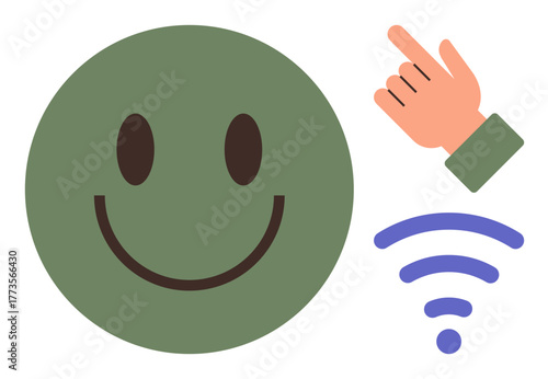 Green smiling face conveys happiness, orange pointing hand indicates direction or choice, and blue wireless signal symbolizes connectivity. Ideal for communication, positivity, technology, digital