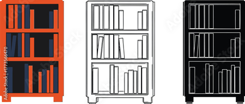 Three bookshelf illustrations in color outline and solid black style