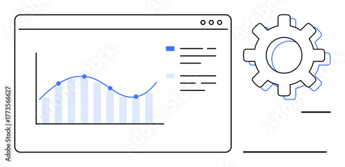 Analytics dashboard with line chart, bar graph, data list, and large gear icon. Ideal for data analysis, optimization, process management, workflow, business strategy tech innovation simple flat