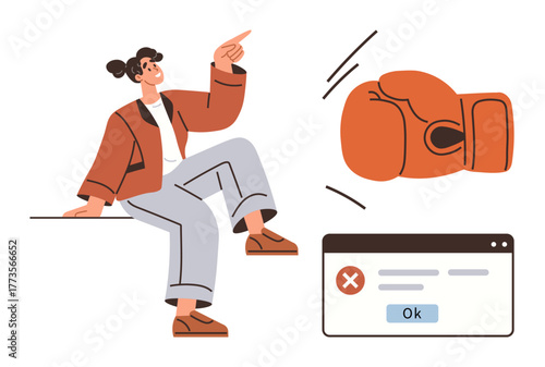 Confident woman pointing upward, boxing glove representing strength, error message symbolizing obstacles. Ideal for empowerment, leadership, resilience, motivation, overcoming obstacles, confidence