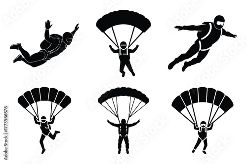 skydiver silhouette vector vector art icon set
