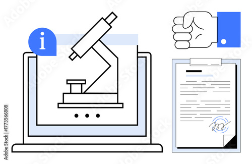 Microscope image on laptop, signed document on clipboard, and hand gesture symbolizing approval. Ideal for research, science, education, data analysis, documentation agreement communication. Simple