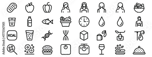 Nutrition icons set, healthy food line art, vegetables, fruits, water, calorie count, zero trans fat, probiotics, organic, palm oil free, editable stroke, web design.