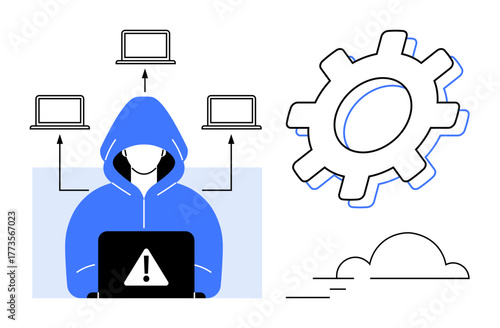 Hooded figure using laptop with alert sign, networked devices, settings gear, and cloud. Ideal for cybersecurity, hacking, technology, software, threat management online safety simple flat metaphor