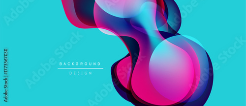 Abstract fluid shapes overlap, vibrant colors blend. Turquoise background complements pink, purple hues. Modern design element.