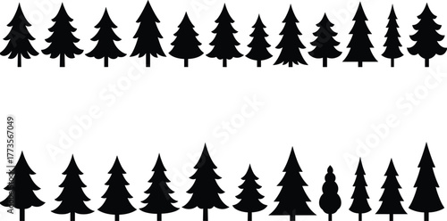 Conifer tree silhouette, evergreen forest collection, pine woodland vector, rustic nature artwork, winter landscape design, decorative tree set, black graphic illustration