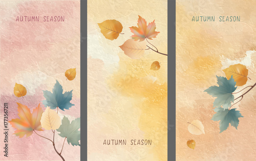 Set of Watercolor Autumn banners with fall leaves. Artistic sketch of abstract watercolor autumn banner in warm golden pastels tones with collage of autumn leaves