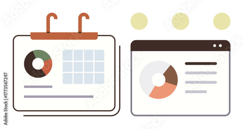 Calendar with pie chart, grid, and details web dashboard with chart and text. Ideal for analytics, planning, management, scheduling, strategy organization corporate tasks. Simple flat metaphor
