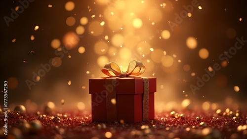 A gift box with a gold ribbon against a soft bokeh background. Festive mood.