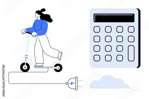Female on electric scooter plugged in for charging, large calculator suggesting energy usage and savings. Ideal for e-mobility, eco-living, calculation, energy consumption, finance, environment