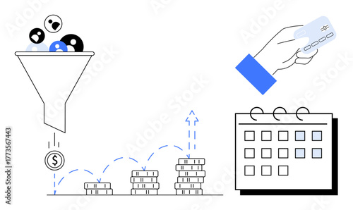 Funnel filtering users, stacked coins showing revenue growth, credit card payment, calendar scheduling. Ideal for marketing, analytics, conversion, revenue, planning business growth finances