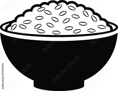 Black bowl filled with white rice grains on a white background view