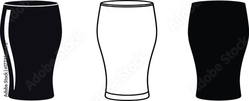 A row of three pint glasses in black and white on a white background