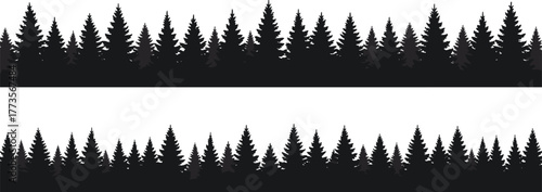 Forest tree silhouette, pine fir skyline, conifer woodland border, evergreen nature illustration, wilderness vector art, rustic landscape design, outdoor decorative element