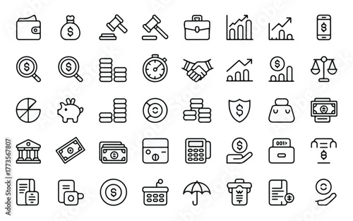 Set of 40 black and white financial and business line icons . Including wallet, money bag, graph, coins, piggy bank, credit card, bank, calculator.