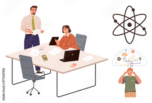 Professionals brainstorming at a desk with a laptop and tablet, alongside representations of atomic structure and innovation. Ideal for teamwork, collaboration, technology, education, creativity