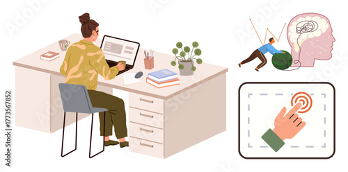 A woman typing at a desk, a man moving a weight into a brain model, and a clicking hand indicate effort, mental clarity, productivity, and focus. Ideal for motivation, personal growth, work-life