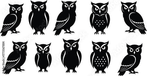 Ten black owl silhouettes arranged on a white background surface