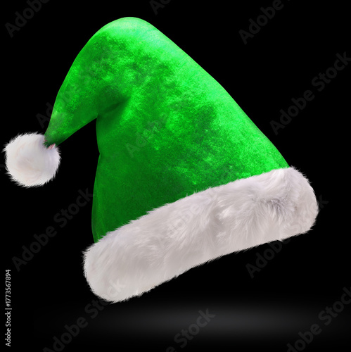 Green Santa hat with a fluffy white trim and pom-pom ideal for a Christmas party and Happy new year on black background with clipping path.