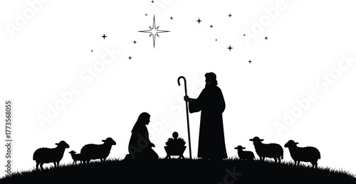 Nativity scene silhouette, baby Jesus in manger, shepherd with sheep, star of Bethlehem, Christian Christmas illustration, holy night religious artwork