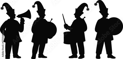 Marching band silhouette, festive costume, holiday parade, drum player, snare drummer, megaphone performer, musical celebration, carnival illustration, entertainment design, seasonal art