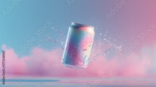 Gradient holographic aluminum soda can with water splash droplets floating on pastel pink blue purple cloudy dreamy sky background