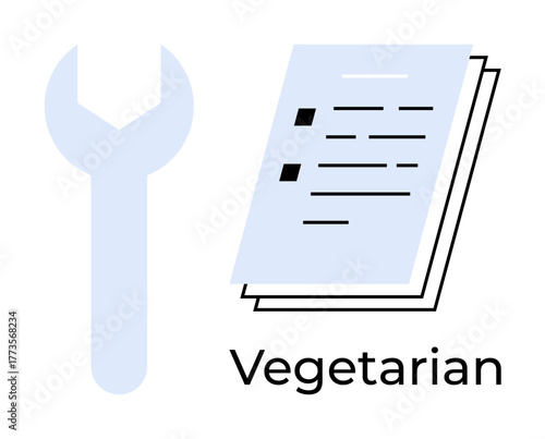Blue wrench beside a document titled Vegetarian symbolizing health, diet, and planning. Ideal for nutrition, maintenance, health, tools, sustainability dietary habits organization. Simple flat