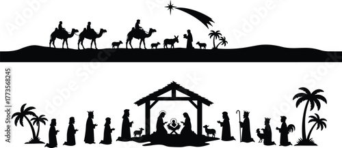 Nativity silhouette artwork, Christmas manger scene, holy family illustration, wise men journey, star of Bethlehem, Christian holiday vector, biblical religious design