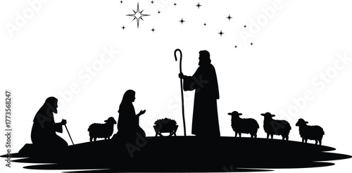 Nativity scene silhouette, holy family with baby Jesus, shepherd and sheep, star of Bethlehem, Christian Christmas illustration, sacred holiday artwork
